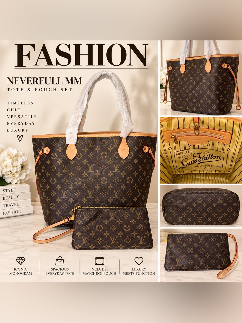 Monogram Canvas Neverfull Style MM Tote with Tan Trim and Matching Pouch